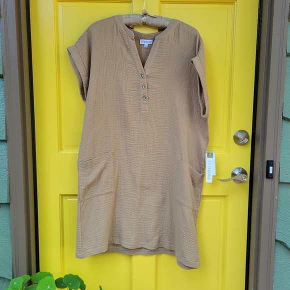 NWT Luxology Taupe Cotton Gauze Dress XL | Coastal Neutral V Neck Boho - Picture 3 of 13